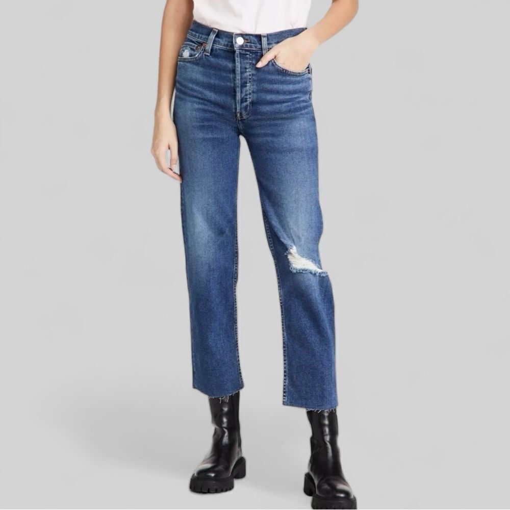 RE/DONE 70s High Rise Stove Pipe Jeans Darkworn Distressed Size 30 NWT